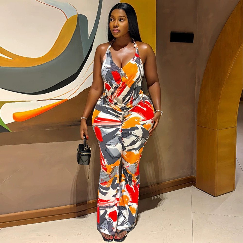 ZARA Chic Floral Colorblock Long Halter Jumpsuit Sleeveless Loose